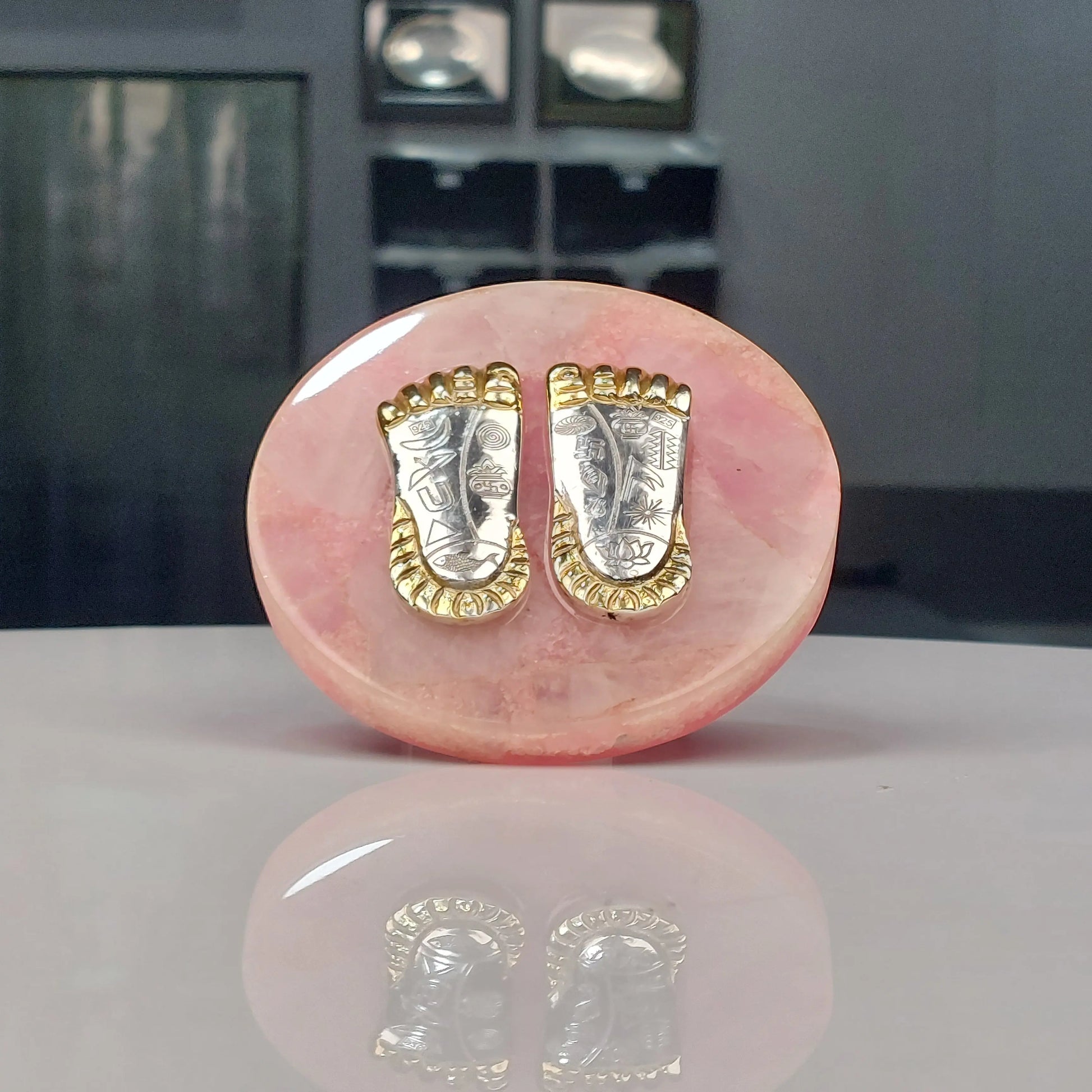 Divine Lakshmi Ji Charan Paduka - Rose Quartz Bharat Silverware