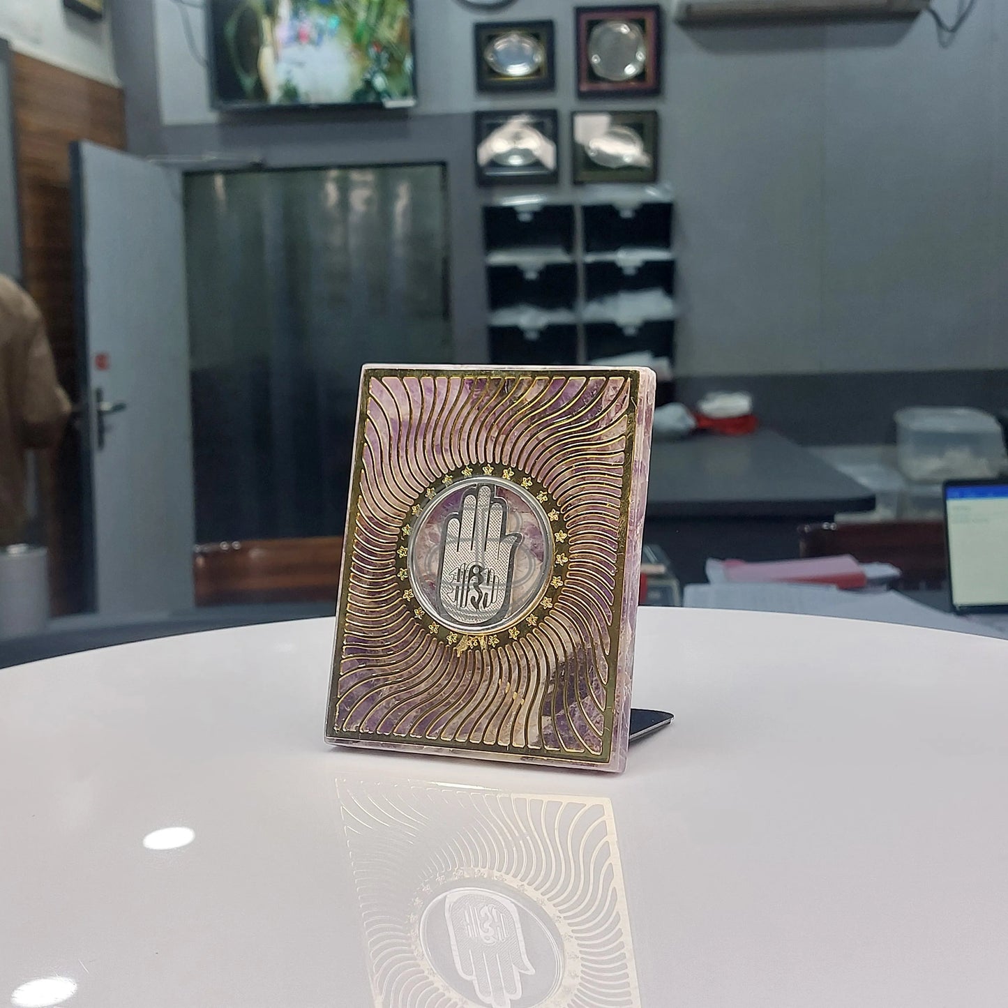 Divine Jain Ahinsa Symbol Amethyst Plaque - Rose Quartz Bharat Silverware