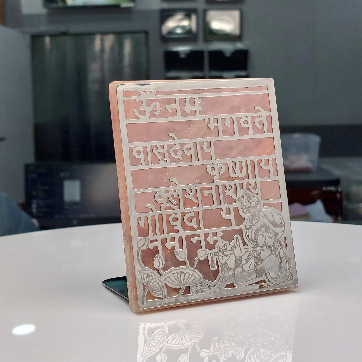 Krishna Mantra Plaque - Rose Quartz