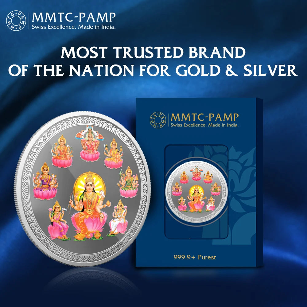 50 gm Silver 999.9 Minted Coin Ashta Laxmi Colored Certicard (Box)