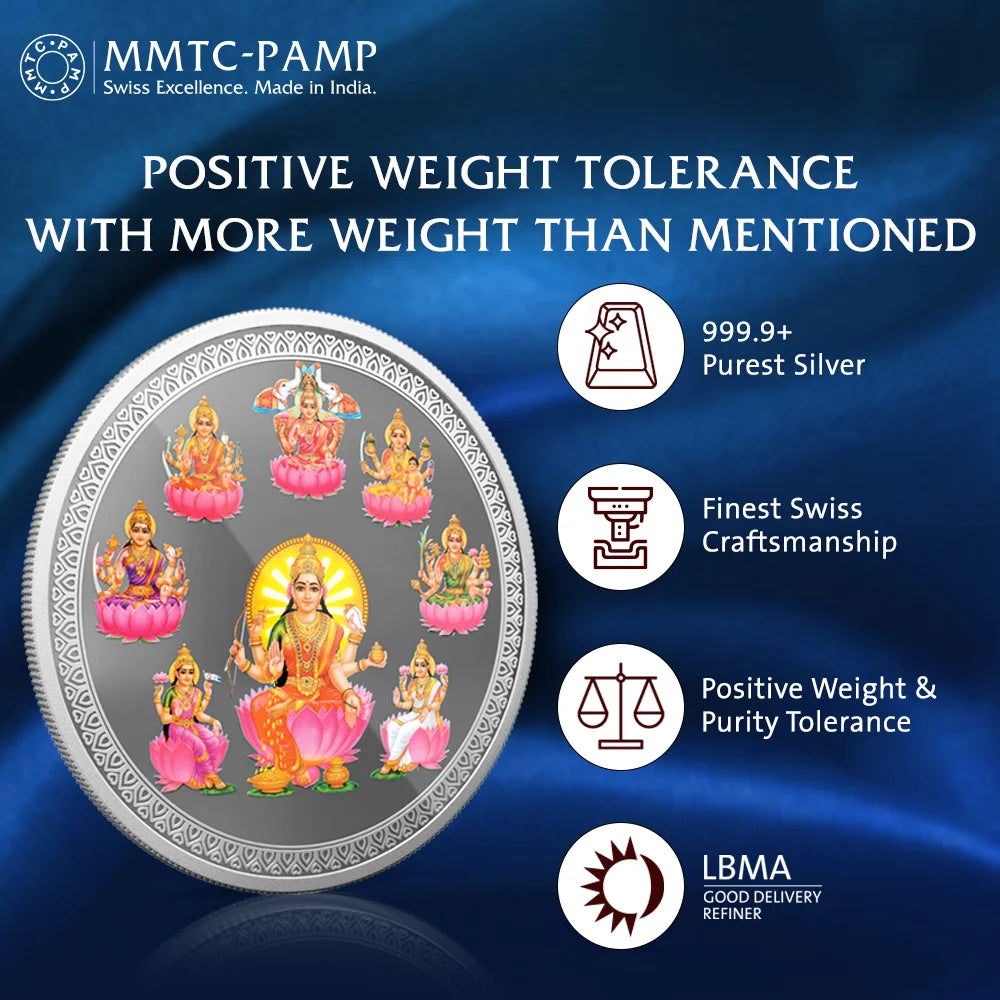 50 gm Silver 999.9 Minted Coin Ashta Laxmi Colored Certicard (Box)