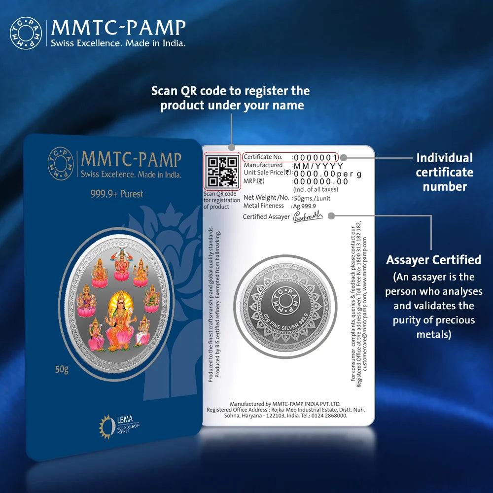 50 gm Silver 999.9 Minted Coin Ashta Laxmi Colored Certicard (Box)