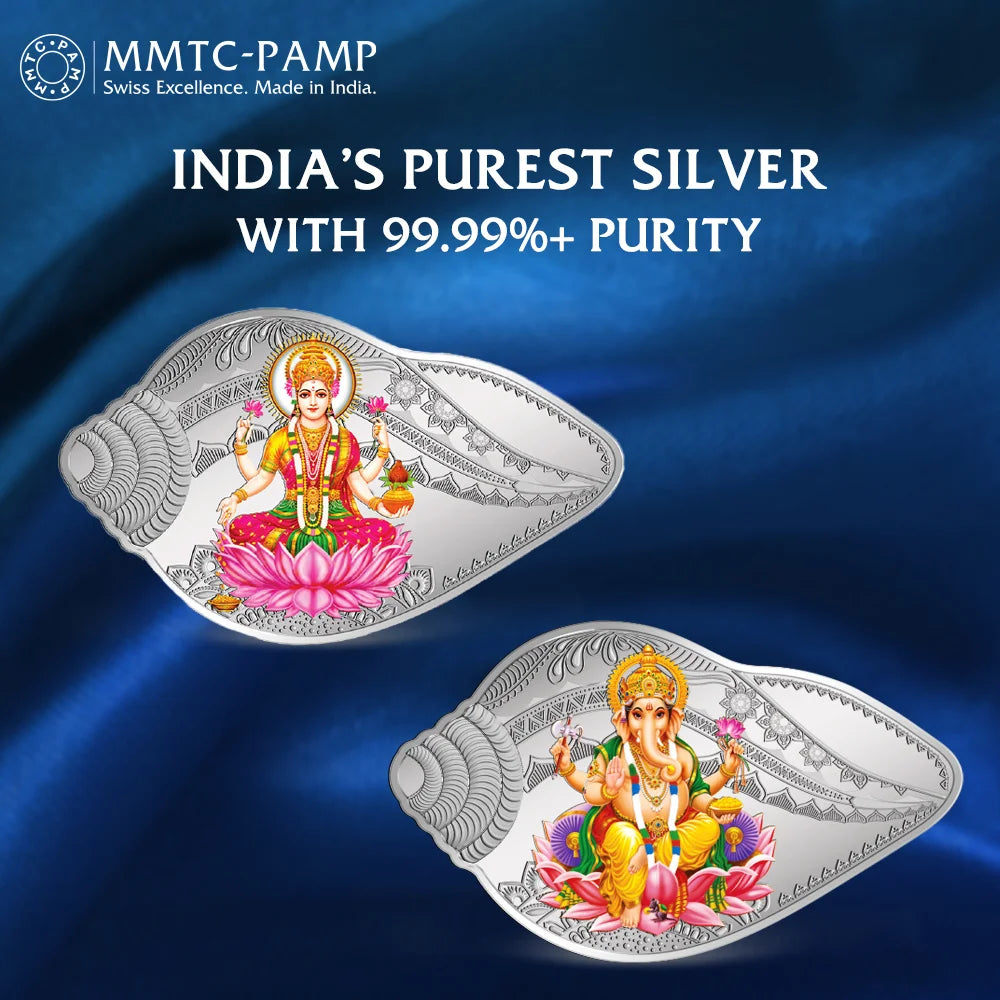 50 Gram Silver Coin (999.9) Purity - Lakshmi Ganesh Shankh Shape (2 coin set)