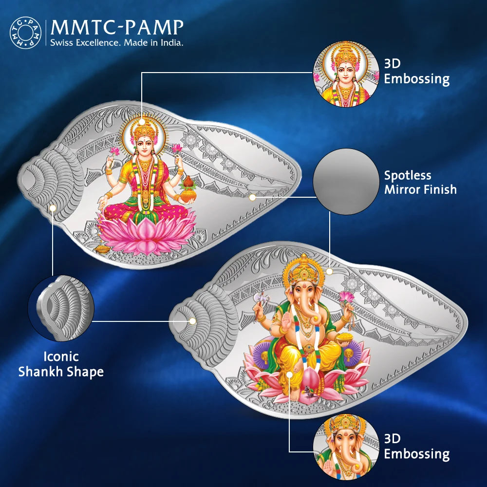 50 Gram Silver Coin (999.9) Purity - Lakshmi Ganesh Shankh Shape (2 coin set)